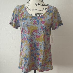 Lularoe S Women's Floral Scoop Neck Classic Tee in Gray with Pink & Mustard